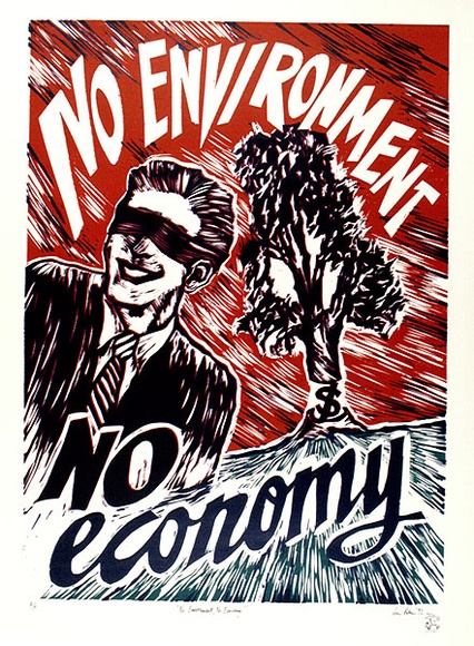 Artist: b'Paton, John.' | Title: b'No environment, no economy' | Date: 1992 | Technique: b'woodcut, printed in colour, from three blocks' Artist: b'Paton, John.' | Title: b'No environment, no economy' | Date: 1992 | Technique: b'woodcut, printed in colour, from three blocks'