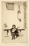 Artist: LINDSAY, Lionel | Title: The guitar player | Date: 1920 | Technique: etching, printed in warm black ink with plate-tone, from one plate | Copyright: Courtesy of the National Library of Australia