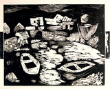Artist: Adams, Tate. | Title: (Irish fishing village). | Date: 1954 | Technique: linocut, printed in black ink, from one block