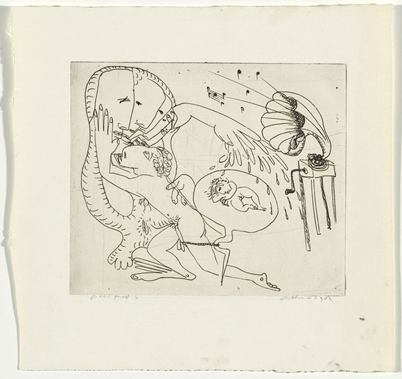 Artist: b'BOYD, Arthur' | Title: b'Potter with child and gramophone.' | Date: (1968-69) | Technique: b'etching, printed in black ink, from one plate' | Copyright: b'Reproduced with permission of Bundanon Trust' Artist: b'BOYD, Arthur' | Title: b'Potter with child and gramophone.' | Date: (1968-69) | Technique: b'etching, printed in black ink, from one plate' | Copyright: b'Reproduced with permission of Bundanon Trust'