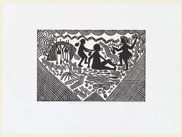 Artist: b'Wilfred, Rex.' | Title: b'Witchdoctor healing sick man' | Date: c.2001 | Technique: b'linocut, printed in black ink, from one block' Artist: b'Wilfred, Rex.' | Title: b'Witchdoctor healing sick man' | Date: c.2001 | Technique: b'linocut, printed in black ink, from one block'