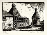 Artist: Owen, Gladys. | Title: (Oast houses) | Date: 1937 | Technique: wood-engraving, printed in black ink, from one block | Copyright: © Estate of David Moore
