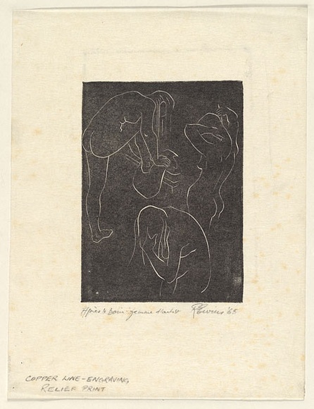 Artist: b'EWINS, Rod' | Title: b'Apres le bain; femme dartist.' | Date: 1965 | Technique: b'line-engraving, printed in relief in black ink, from one copper plate' Artist: b'EWINS, Rod' | Title: b'Apres le bain; femme dartist.' | Date: 1965 | Technique: b'line-engraving, printed in relief in black ink, from one copper plate'