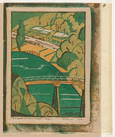 Artist: b'Syme, Eveline' | Title: b'The Yarra at Warrandyte' | Date: 1931 | Technique: b'linocut, printed in colour, from four blocks (yellow ochre, cobalt green, viridian, raw umber)' Artist: b'Syme, Eveline' | Title: b'The Yarra at Warrandyte' | Date: 1931 | Technique: b'linocut, printed in colour, from four blocks (yellow ochre, cobalt green, viridian, raw umber)'
