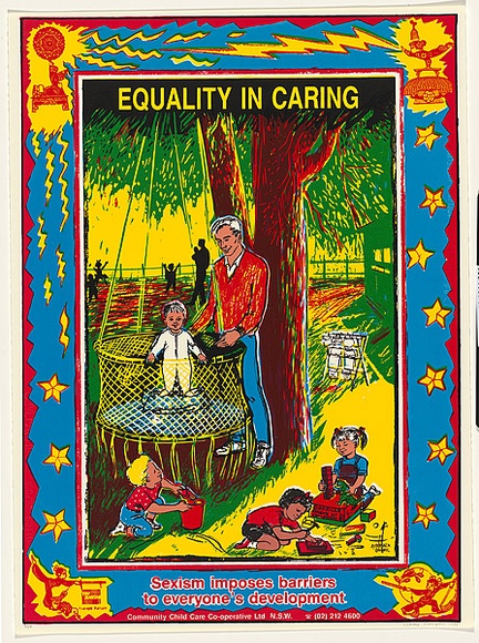 Artist: b'Kenyon, Therese.' | Title: b'Equality in caring - sexism imposes barriers.' | Date: 1988 | Technique: b'screenprint, printed in colour, from five stencils' Artist: b'Kenyon, Therese.' | Title: b'Equality in caring - sexism imposes barriers.' | Date: 1988 | Technique: b'screenprint, printed in colour, from five stencils'