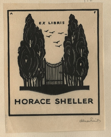 Artist: b'FEINT, Adrian' | Title: b'Bookplate: Horace Sheller.' | Date: (1932) | Technique: b'wood-engraving, printed in black ink, from one block' | Copyright: b'Courtesy the Estate of Adrian Feint' Artist: b'FEINT, Adrian' | Title: b'Bookplate: Horace Sheller.' | Date: (1932) | Technique: b'wood-engraving, printed in black ink, from one block' | Copyright: b'Courtesy the Estate of Adrian Feint'