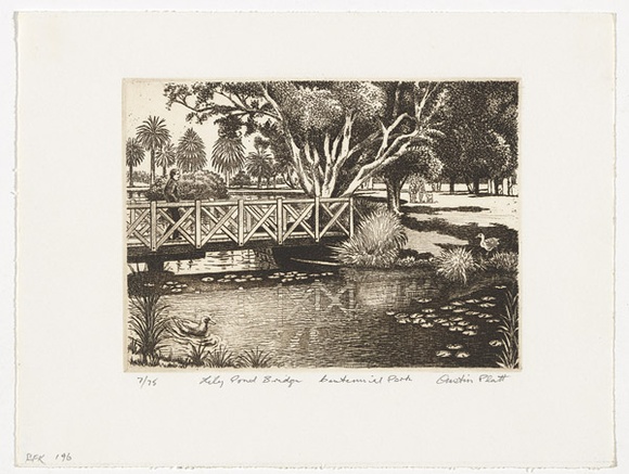 Artist: b'PLATT, Austin' | Title: b'Lily Pond Bridge, Centennial Park' | Date: c.1987 | Technique: b'etching, printed in black ink, from one plate' Artist: b'PLATT, Austin' | Title: b'Lily Pond Bridge, Centennial Park' | Date: c.1987 | Technique: b'etching, printed in black ink, from one plate'