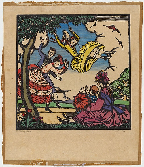 Artist: b'Proctor, Thea.' | Title: b'The swing.' | Date: (1925) | Technique: b'woodcut, printed in black ink, from one block; hand-coloured' | Copyright: b'\xc2\xa9 Art Gallery of New South Wales' Artist: b'Proctor, Thea.' | Title: b'The swing.' | Date: (1925) | Technique: b'woodcut, printed in black ink, from one block; hand-coloured' | Copyright: b'\xc2\xa9 Art Gallery of New South Wales'