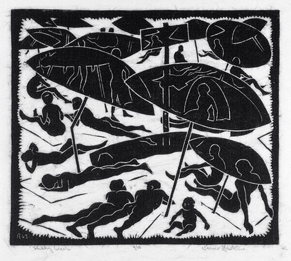 Artist: b'Hawkins, Weaver.' | Title: b'Shady beach' | Date: 1963 | Technique: b'linocut, printed in black ink, from one block' | Copyright: b'The Estate of H.F Weaver Hawkins'