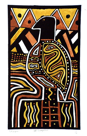 Artist: b'TIMAEPATUA, Bonaventure' | Title: b'Tokampiri' | Date: 1988 | Technique: b'screenprint, printed in black ink, from one stencil; hand-coloured' Artist: b'TIMAEPATUA, Bonaventure' | Title: b'Tokampiri' | Date: 1988 | Technique: b'screenprint, printed in black ink, from one stencil; hand-coloured'