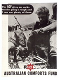 Artist: UNKNOWN | Title: Australian Comforts Fund - The ACF gives me socks but the going's rough and I ca use plenty of them. | Date: c.1942 | Technique: photo-lithograph, printed in colour, from multiple plates