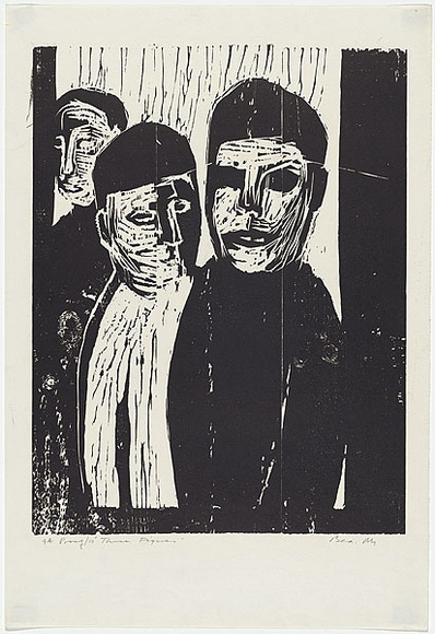Artist: b'MADDOCK, Bea' | Title: b'Three figures' | Date: 1964 | Technique: b'woodcut, printed in black ink by hand-burnishing, from three joined pine blocks' Artist: b'MADDOCK, Bea' | Title: b'Three figures' | Date: 1964 | Technique: b'woodcut, printed in black ink by hand-burnishing, from three joined pine blocks'
