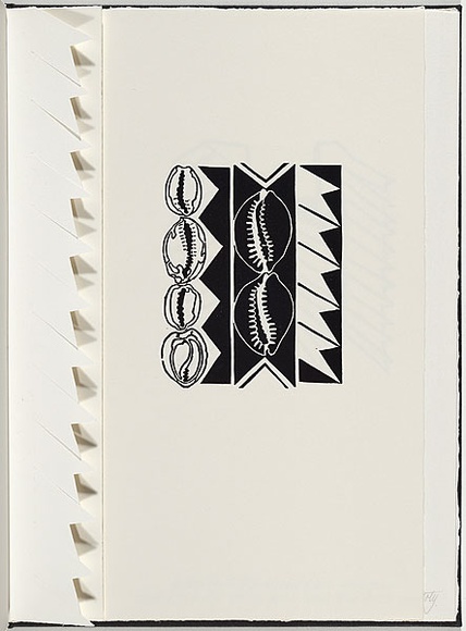 Artist: b'White, Robin.' | Title: b'Not titled (four cowrie shells).' | Date: 1985 | Technique: b'woodcut, printed in black ink, from one block' Artist: b'White, Robin.' | Title: b'Not titled (four cowrie shells).' | Date: 1985 | Technique: b'woodcut, printed in black ink, from one block'