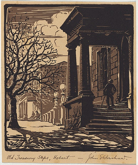 Artist: b'Eldershaw, John.' | Title: b'Old Treasury Steps, Hobart.' | Date: c.1931 | Technique: b'woodcut, printed in colour, from two blocks' Artist: b'Eldershaw, John.' | Title: b'Old Treasury Steps, Hobart.' | Date: c.1931 | Technique: b'woodcut, printed in colour, from two blocks'