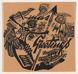 Artist: Ratas, Vaclovas. | Title: Greeting card: Aborigine with spear and aboriginal motifs. | Date: (1951) | Technique: woodcut, printed in black ink, from one block