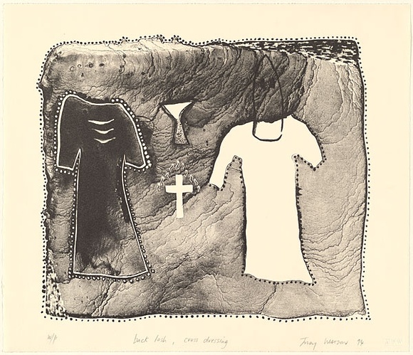Artist: b'Watson, Judy.' | Title: b'back lash, cross dressing' | Date: 1994 - 1995 | Technique: b'lithograph, printed in black ink, from one stone' | Copyright: b'\xc2\xa9 Judy Watson. Licensed by VISCOPY, Australia' Artist: b'Watson, Judy.' | Title: b'back lash, cross dressing' | Date: 1994 - 1995 | Technique: b'lithograph, printed in black ink, from one stone' | Copyright: b'\xc2\xa9 Judy Watson. Licensed by VISCOPY, Australia'