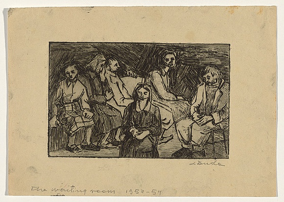 Artist: b'Groblicka, Lidia.' | Title: b'The waiting room' | Date: 1953-54 | Technique: b'etching, printed in black ink, from one plate' Artist: b'Groblicka, Lidia.' | Title: b'The waiting room' | Date: 1953-54 | Technique: b'etching, printed in black ink, from one plate'