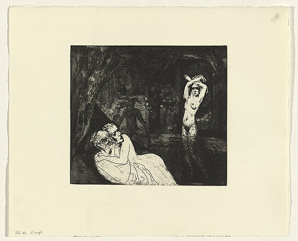 Artist: b'Shead, Garry.' | Title: b'The temptress' | Date: c. 1984 | Technique: b'etching and aquatint, printed in black ink, from one plate' | Copyright: b'\xc2\xa9 Garry Shead' Artist: b'Shead, Garry.' | Title: b'The temptress' | Date: c. 1984 | Technique: b'etching and aquatint, printed in black ink, from one plate' | Copyright: b'\xc2\xa9 Garry Shead'