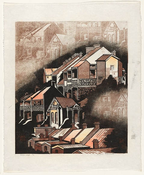 Artist: b'Thorpe, Lesbia.' | Title: b'House-scape' | Date: 1980 | Technique: b'woodcut, printed in colour, from two blocks; hand-coloured' Artist: b'Thorpe, Lesbia.' | Title: b'House-scape' | Date: 1980 | Technique: b'woodcut, printed in colour, from two blocks; hand-coloured'