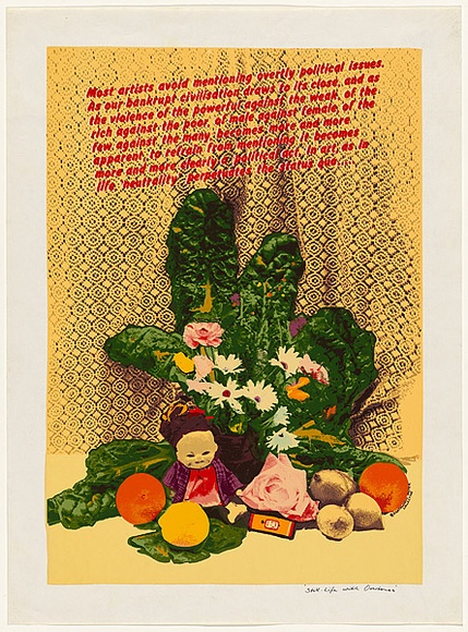 Artist: b'Robertson, Toni.' | Title: b'Still life with overtones' | Date: 1977 | Technique: b'screenprint, printed in colour, from multiple stencils' | Copyright: b'\xc2\xa9 Toni Robertson' Artist: b'Robertson, Toni.' | Title: b'Still life with overtones' | Date: 1977 | Technique: b'screenprint, printed in colour, from multiple stencils' | Copyright: b'\xc2\xa9 Toni Robertson'