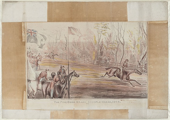 Artist: b'Balcombe, Thomas.' | Title: b'The Five-Dock Grand Steeple-Chase, 1844. No.4.' | Date: 1844 | Technique: b'lithograph, printed in black ink, from one stone; hand-coloured' Artist: b'Balcombe, Thomas.' | Title: b'The Five-Dock Grand Steeple-Chase, 1844. No.4.' | Date: 1844 | Technique: b'lithograph, printed in black ink, from one stone; hand-coloured'
