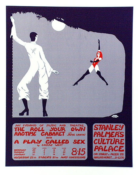 Artist: b'Bolzan, Rick.' | Title: b'The roll your own ragtime cabaret and A play called sex.' | Date: 1975 | Technique: b'screenprint, printed in colour, from three stencils' Artist: b'Bolzan, Rick.' | Title: b'The roll your own ragtime cabaret and A play called sex.' | Date: 1975 | Technique: b'screenprint, printed in colour, from three stencils'
