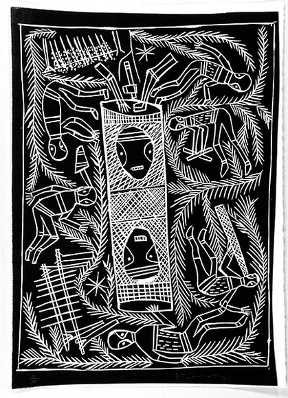 Artist: b'Djurritjini, Charlie.' | Title: b'Hollow log coffin' | Date: c.1992 | Technique: b'linocut, printed in black ink, from one block' Artist: b'Djurritjini, Charlie.' | Title: b'Hollow log coffin' | Date: c.1992 | Technique: b'linocut, printed in black ink, from one block'