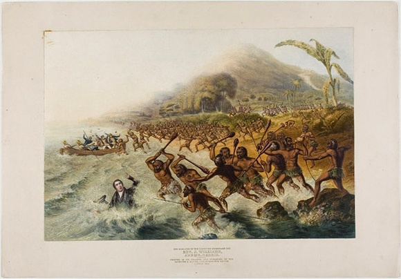Artist: b'Baxter, George.' | Title: b'The massacre of the lamented missionary the Rev. J. Williams and Mr. Harris.' | Date: 1841 | Technique: b'wood-engraving and etching, printed in colour (Baxter print), from multiple plates' Artist: b'Baxter, George.' | Title: b'The massacre of the lamented missionary the Rev. J. Williams and Mr. Harris.' | Date: 1841 | Technique: b'wood-engraving and etching, printed in colour (Baxter print), from multiple plates'