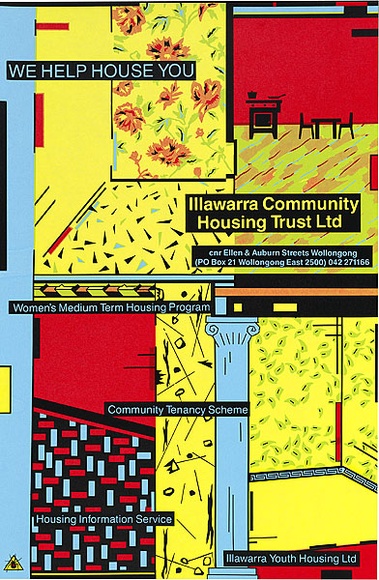 Artist: b'REDBACK GRAPHIX' | Title: b'We help house you.' | Date: 1984 | Technique: b'screenprint, printed in colour, from four stencils' Artist: b'REDBACK GRAPHIX' | Title: b'We help house you.' | Date: 1984 | Technique: b'screenprint, printed in colour, from four stencils'