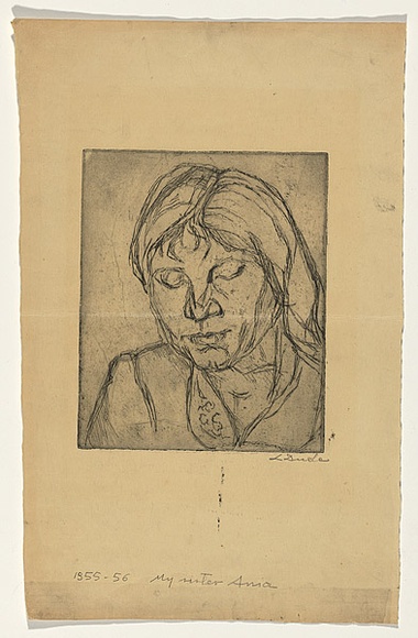 Artist: b'Groblicka, Lidia.' | Title: b'My sister Ania' | Date: 1955-56 | Technique: b'etching, printed in black ink, from one plate' Artist: b'Groblicka, Lidia.' | Title: b'My sister Ania' | Date: 1955-56 | Technique: b'etching, printed in black ink, from one plate'