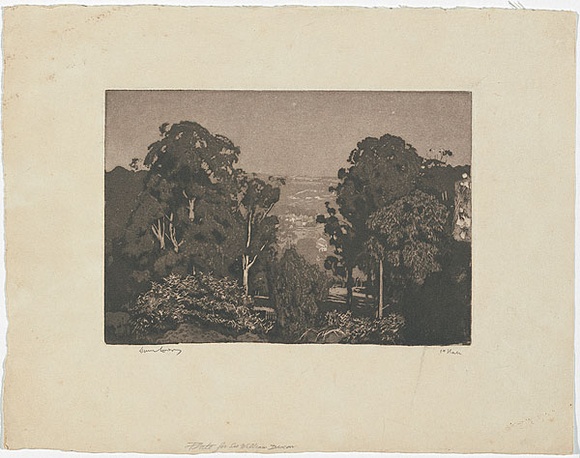 Artist: b'LINDSAY, Lionel' | Title: b'On the Kurrajong' | Date: 1932 | Technique: b'aquatint and etching, printed in black ink with plate-tone, from one plate' | Copyright: b'Courtesy of the National Library of Australia' Artist: b'LINDSAY, Lionel' | Title: b'On the Kurrajong' | Date: 1932 | Technique: b'aquatint and etching, printed in black ink with plate-tone, from one plate' | Copyright: b'Courtesy of the National Library of Australia'