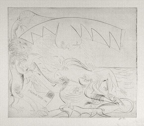 Artist: b'BOYD, Arthur' | Title: b'Bert Hinkler; his wife and lion and letter.' | Date: (1968-69) | Technique: b'etching, printed in black ink, from one plate' | Copyright: b'Reproduced with permission of Bundanon Trust' Artist: b'BOYD, Arthur' | Title: b'Bert Hinkler; his wife and lion and letter.' | Date: (1968-69) | Technique: b'etching, printed in black ink, from one plate' | Copyright: b'Reproduced with permission of Bundanon Trust'