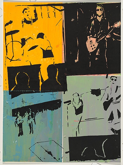Artist: b'Johnson, Tim.' | Title: b'Four Bands' | Date: 1979 | Technique: b'screenprint, printed in colour, from multiple stencils' | Copyright: b'\xc2\xa9 Tim Johnson' Artist: b'Johnson, Tim.' | Title: b'Four Bands' | Date: 1979 | Technique: b'screenprint, printed in colour, from multiple stencils' | Copyright: b'\xc2\xa9 Tim Johnson'