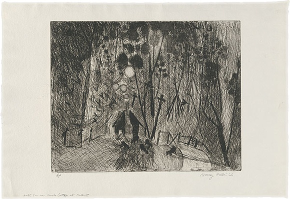 Artist: b'WALKER, Murray' | Title: bWinter sun over Crook's cottage at Kallista. | Date: 1966 | Technique: b'etching, printed in black ink, from one plate' Artist: b'WALKER, Murray' | Title: bWinter sun over Crook's cottage at Kallista. | Date: 1966 | Technique: b'etching, printed in black ink, from one plate'