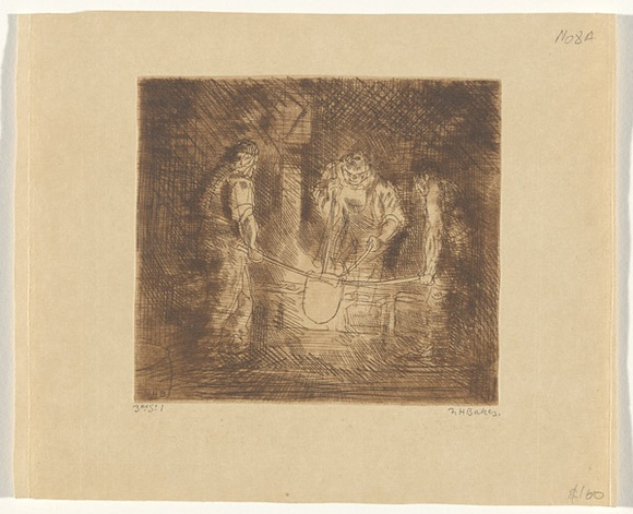 Artist: b'Baker, Normand H.' | Title: b'Foundry.' | Date: (1940) | Technique: b'etching, printed in brown ink with plate-tone, from one plate' Artist: b'Baker, Normand H.' | Title: b'Foundry.' | Date: (1940) | Technique: b'etching, printed in brown ink with plate-tone, from one plate'