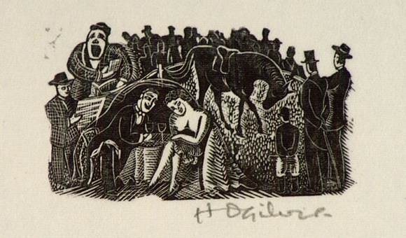 Artist: b'OGILVIE, Helen' | Title: b'(Couple with wine glasses at table, race horse, jockey, gamblers, with crowd behind)' | Date: (1953) | Technique: b'wood-engraving, printed in black ink, from one block' Artist: b'OGILVIE, Helen' | Title: b'(Couple with wine glasses at table, race horse, jockey, gamblers, with crowd behind)' | Date: (1953) | Technique: b'wood-engraving, printed in black ink, from one block'