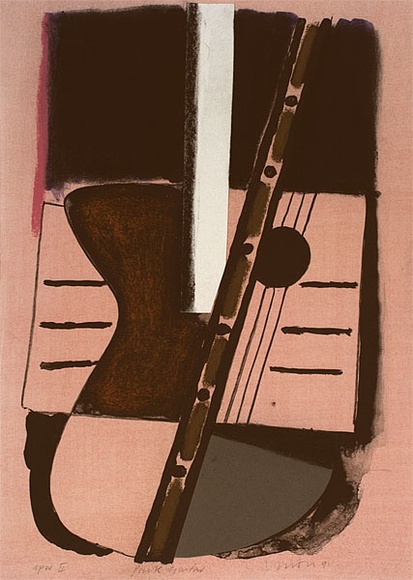 Artist: b'Lincoln, Kevin.' | Title: b'Pink guitar' | Date: 1991 | Technique: b'lithograph, printed in colour, from two stones; handcoloured' Artist: b'Lincoln, Kevin.' | Title: b'Pink guitar' | Date: 1991 | Technique: b'lithograph, printed in colour, from two stones; handcoloured'
