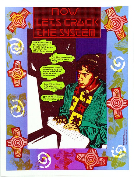 Artist: b'Guppy, Marla.' | Title: bNow let's crack the system | Date: 1987 | Technique: b'screenprint, printed in colour, from multiple stencils' Artist: b'Guppy, Marla.' | Title: bNow let's crack the system | Date: 1987 | Technique: b'screenprint, printed in colour, from multiple stencils'