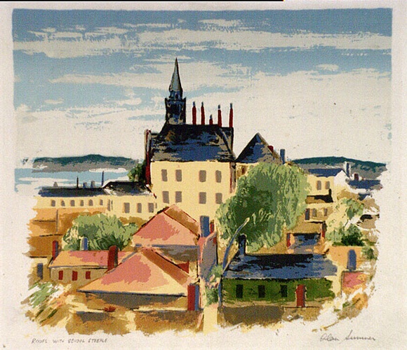 Artist: b'Sumner, Alan.' | Title: b'Roofs with school steeple' | Date: 1946 | Technique: b'screenprint, printed in colour, from 15 stencils' Artist: b'Sumner, Alan.' | Title: b'Roofs with school steeple' | Date: 1946 | Technique: b'screenprint, printed in colour, from 15 stencils'