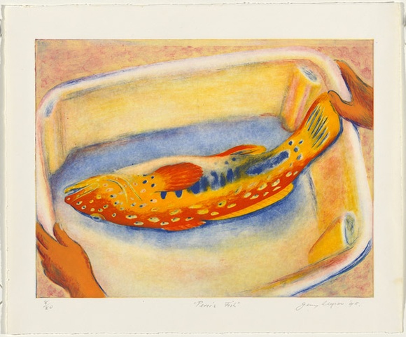 Artist: b'Clapson, Jenny.' | Title: bPeter's fish. | Date: 1998 | Technique: b'etching, printed in colour, from three solar plates' Artist: b'Clapson, Jenny.' | Title: bPeter's fish. | Date: 1998 | Technique: b'etching, printed in colour, from three solar plates'
