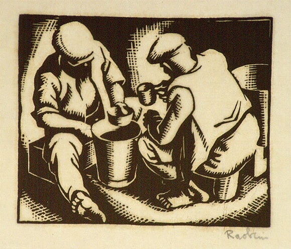 Artist: b'Hawkins, Weaver.' | Title: b'(Two men drinking from a bucket)' | Date: c.1928 | Technique: b'woodcut, printed in black ink, from one block' | Copyright: b'The Estate of H.F Weaver Hawkins' Artist: b'Hawkins, Weaver.' | Title: b'(Two men drinking from a bucket)' | Date: c.1928 | Technique: b'woodcut, printed in black ink, from one block' | Copyright: b'The Estate of H.F Weaver Hawkins'
