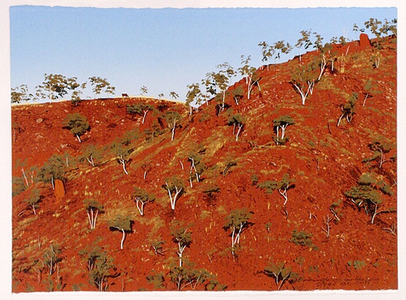 Artist: b'Rose, David.' | Title: b'Morning hillside near Lake Julius' | Date: 1988 | Technique: b'screenprint, printed in colour, from multiple stencils' Artist: b'Rose, David.' | Title: b'Morning hillside near Lake Julius' | Date: 1988 | Technique: b'screenprint, printed in colour, from multiple stencils'