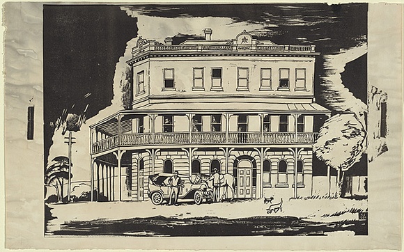 Artist: b'Jack, Kenneth.' | Title: b'Macedonia House, Lancefield' | Date: 1954 | Technique: b'linocut, printed in black ink, from one block' | Copyright: b'\xc2\xa9 Kenneth Jack. Licensed by VISCOPY, Australia' Artist: b'Jack, Kenneth.' | Title: b'Macedonia House, Lancefield' | Date: 1954 | Technique: b'linocut, printed in black ink, from one block' | Copyright: b'\xc2\xa9 Kenneth Jack. Licensed by VISCOPY, Australia'