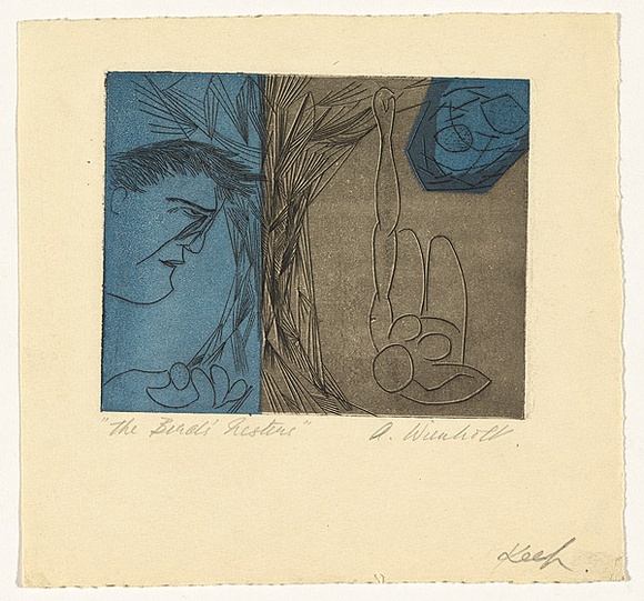 Artist: b'Wienholt, Anne.' | Title: bThe birds' nesters | Date: 1947 | Technique: b'line-engraving, printed in black ink, from one copper plate; blue ink applied by stencil' Artist: b'Wienholt, Anne.' | Title: bThe birds' nesters | Date: 1947 | Technique: b'line-engraving, printed in black ink, from one copper plate; blue ink applied by stencil'