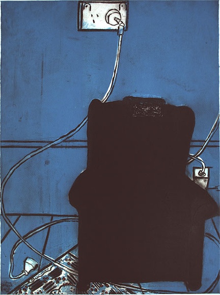 Artist: b'Hattam, Katherine.' | Title: b'Blue armchair' | Date: 2000, November | Technique: b'etching, printed in black red and blue ink, from three plates' Artist: b'Hattam, Katherine.' | Title: b'Blue armchair' | Date: 2000, November | Technique: b'etching, printed in black red and blue ink, from three plates'