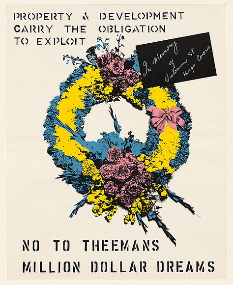 Artist: b'Mackay, Jan' | Title: b'Property & development carry the obligation to exploit. In memory of Victoria St Kings Cross' | Date: 1976 | Technique: b'screenprint, printed in colour, from multiple stencils' Artist: b'Mackay, Jan' | Title: b'Property & development carry the obligation to exploit. In memory of Victoria St Kings Cross' | Date: 1976 | Technique: b'screenprint, printed in colour, from multiple stencils'
