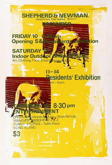 Artist: b'MERD INTERNATIONAL' | Title: b'Poster: Shepherd and Newman, December Opening S and N residents exhibition' | Date: 1984 | Technique: b'screenprint' Artist: b'MERD INTERNATIONAL' | Title: b'Poster: Shepherd and Newman, December Opening S and N residents exhibition' | Date: 1984 | Technique: b'screenprint'