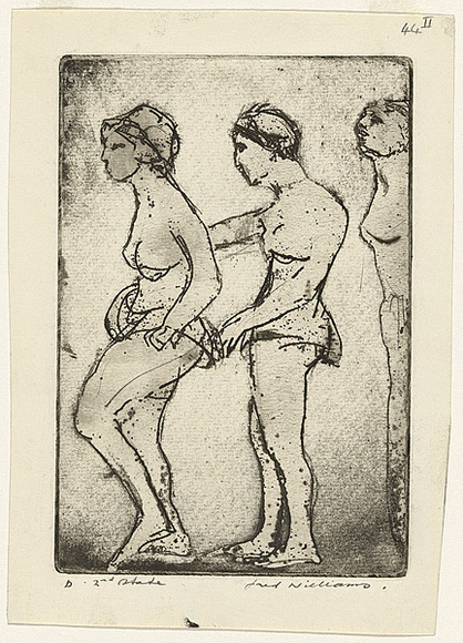 Artist: b'WILLIAMS, Fred' | Title: b'Chorus girls' | Date: 1955-56 | Technique: b'etching, aquatint and drypoint, printed in black ink, from one zinc plate' | Copyright: b'\xc2\xa9 Fred Williams Estate' Artist: b'WILLIAMS, Fred' | Title: b'Chorus girls' | Date: 1955-56 | Technique: b'etching, aquatint and drypoint, printed in black ink, from one zinc plate' | Copyright: b'\xc2\xa9 Fred Williams Estate'