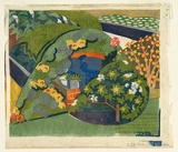 Artist: Black, Dorrit. | Title: Corner of the garden. | Date: c.1936 | Technique: linocut, printed in colour,  from five blocks (yellow ochre, vermilion, viridian, cobalt blue, grey)