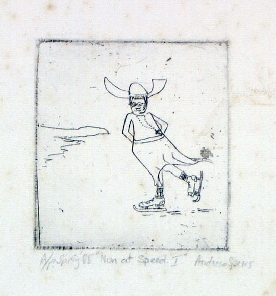 Artist: b'Speirs, Andrew.' | Title: b'Nun at speed I' | Date: 1985, Spring | Technique: b'etching, foul biting printed in black ink, from one plate' Artist: b'Speirs, Andrew.' | Title: b'Nun at speed I' | Date: 1985, Spring | Technique: b'etching, foul biting printed in black ink, from one plate'